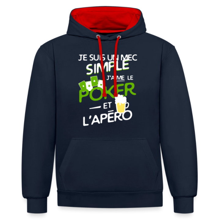 Sweat-shirt à capuche contrasté unisexe - Un mec simple: Poker et apéro - bleu marine/rouge - front