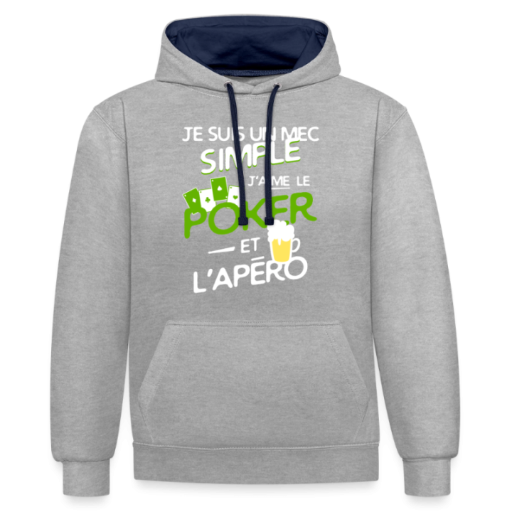 Sweat-shirt à capuche contrasté unisexe - Un mec simple: Poker et apéro - gris chiné/bleu marine - front