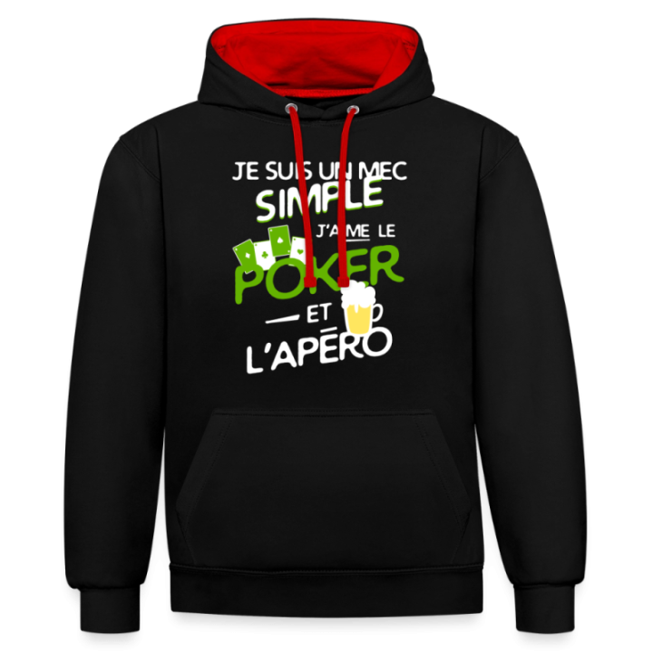 Sweat-shirt à capuche contrasté unisexe - Un mec simple: Poker et apéro - noir/rouge - front