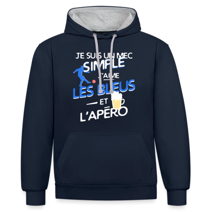 Sweat-shirt à capuche contrasté unisexe - Un mec simple: Blleus et apéro - bleu marine/gris chiné - front