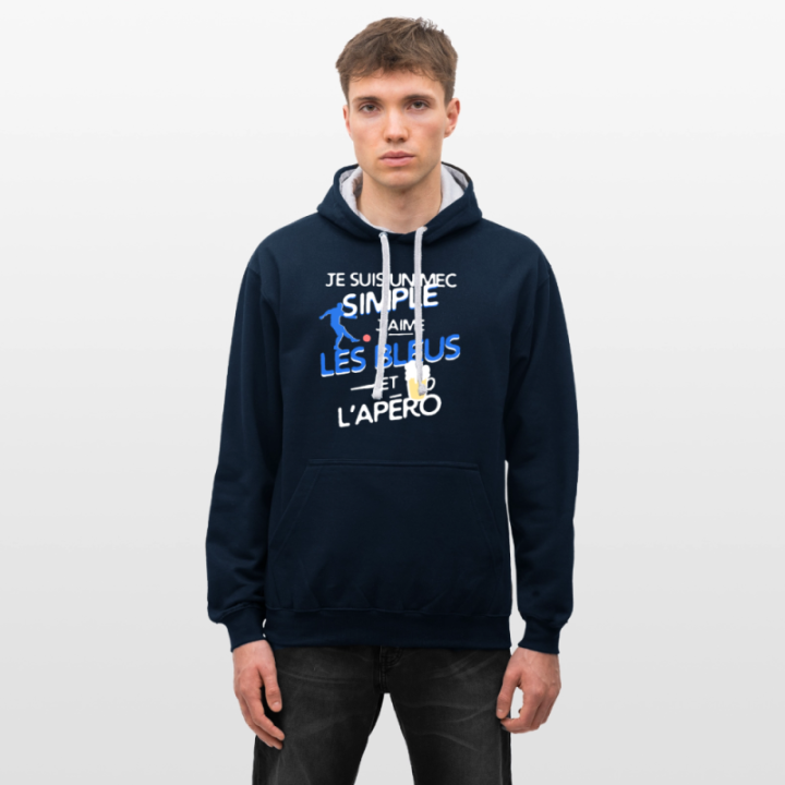 Sweat-shirt à capuche contrasté unisexe - Un mec simple: Blleus et apéro - bleu marine/gris chiné - front