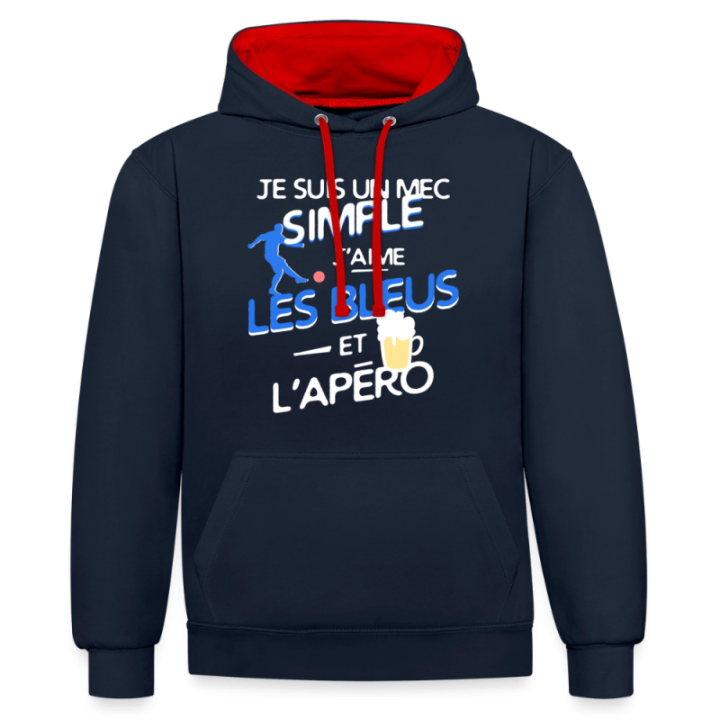 Sweat-shirt à capuche contrasté unisexe - Un mec simple: Blleus et apéro - bleu marine/rouge - front