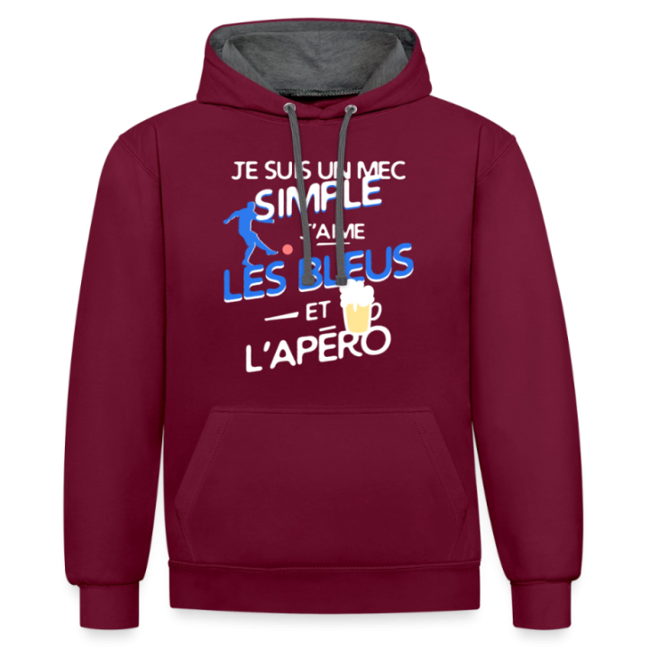 Sweat-shirt à capuche contrasté unisexe - Un mec simple: Blleus et apéro - bordeaux/anthracite - front
