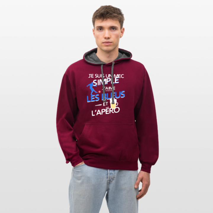 Sweat-shirt à capuche contrasté unisexe - Un mec simple: Blleus et apéro - bordeaux/anthracite - front