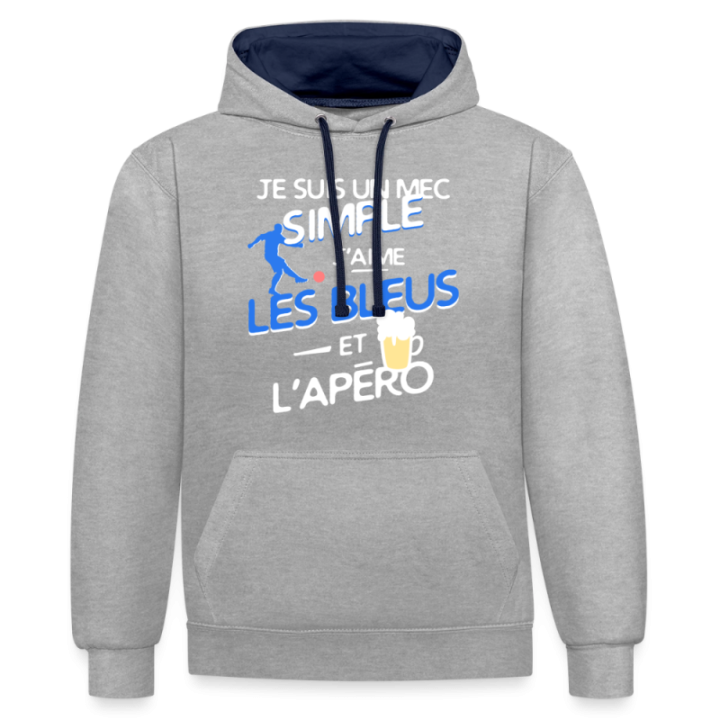 Sweat-shirt à capuche contrasté unisexe - Un mec simple: Blleus et apéro - gris chiné/bleu marine - front