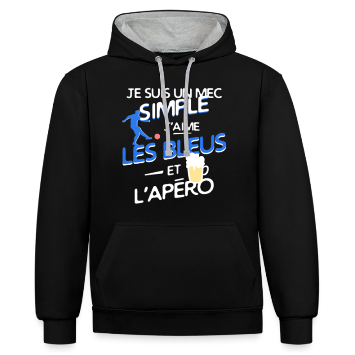Sweat-shirt à capuche contrasté unisexe - Un mec simple: Blleus et apéro - noir/gris chiné - front