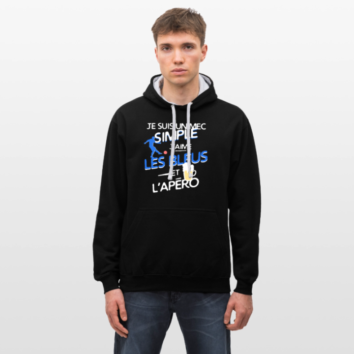 Sweat-shirt à capuche contrasté unisexe - Un mec simple: Blleus et apéro - noir/gris chiné - front