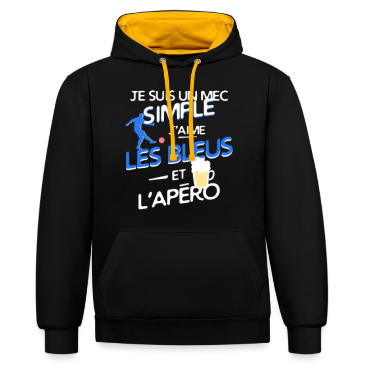Sweat-shirt à capuche contrasté unisexe - Un mec simple: Blleus et apéro - noir/or - front