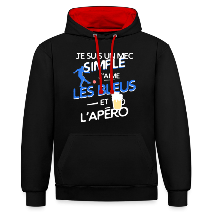 Sweat-shirt à capuche contrasté unisexe - Un mec simple: Blleus et apéro - noir/rouge - front