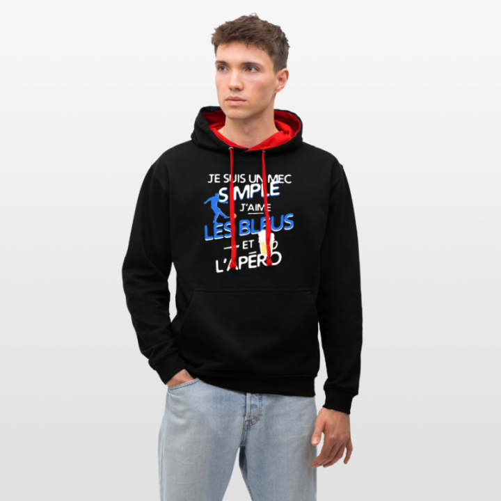 Sweat-shirt à capuche contrasté unisexe - Un mec simple: Blleus et apéro - noir/rouge - front