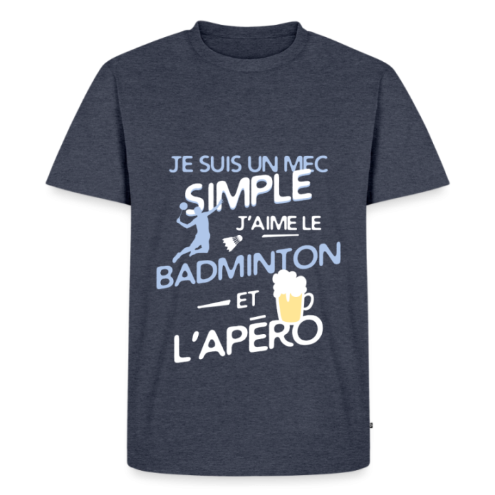 T-shirt premium homme - Un mec simple: Badminton et apéro - bleu jeans  - front