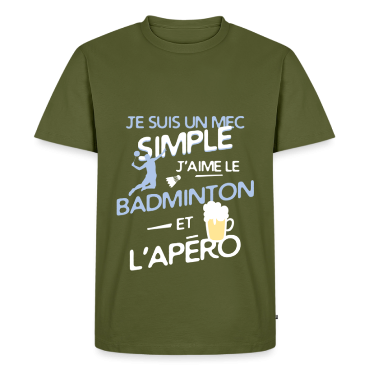 T-shirt premium homme - Un mec simple: Badminton et apéro - kaki - front