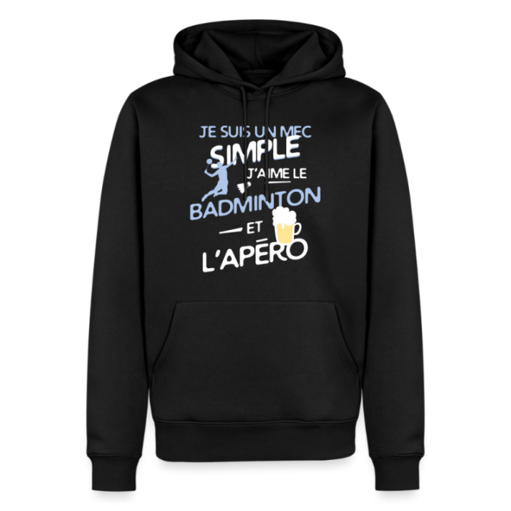 Sweat-shirt à capuche premium homme - Un mec simple: Badminton et apéro - noir - front