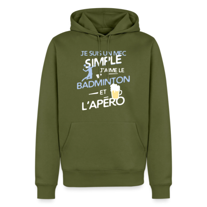Sweat-shirt à capuche premium homme - Un mec simple: Badminton et apéro - kaki - front