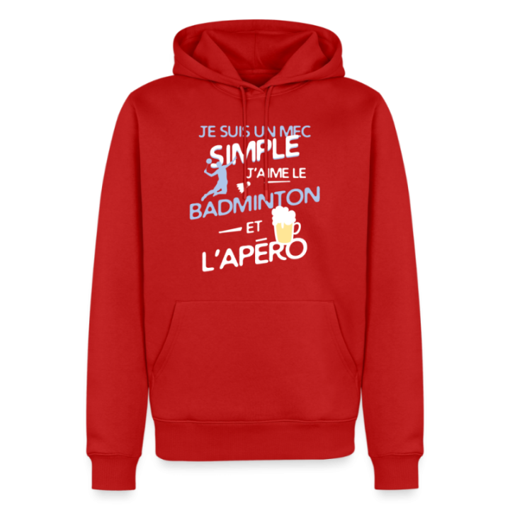 Sweat-shirt à capuche premium homme - Un mec simple: Badminton et apéro - rouge - front