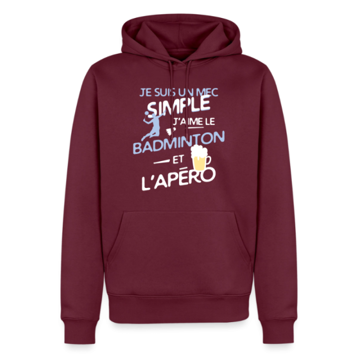 Sweat-shirt à capuche premium homme - Un mec simple: Badminton et apéro - bourgogne - front