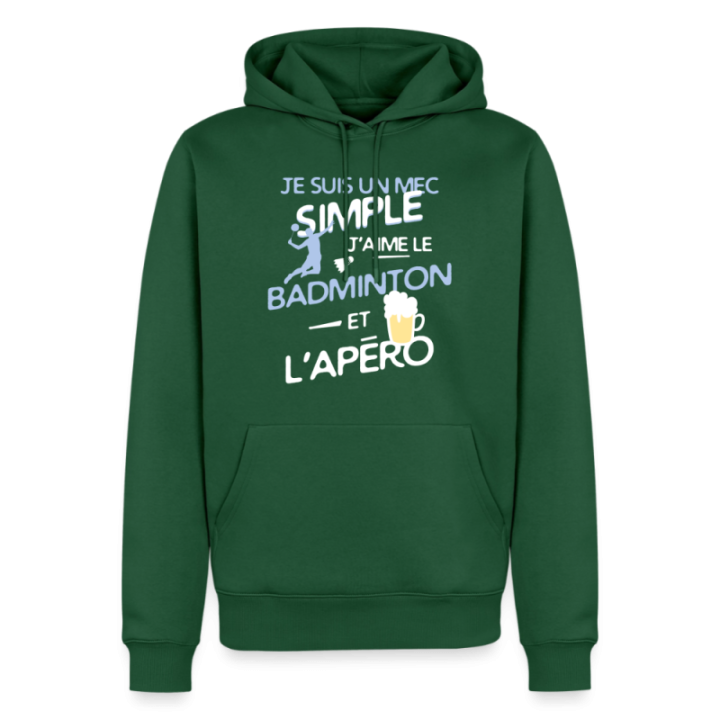 Sweat-shirt à capuche premium homme - Un mec simple: Badminton et apéro - vert bouteille - front