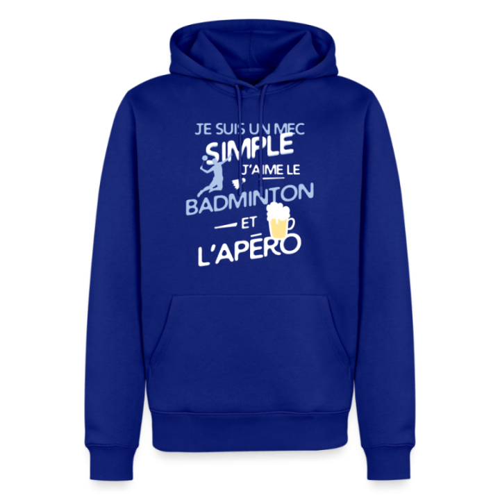 Sweat-shirt à capuche premium homme - Un mec simple: Badminton et apéro - bleu roi - front