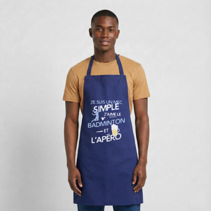 Tablier de cuisine - Un mec simple: Badminton et apéro - bleu royal - front