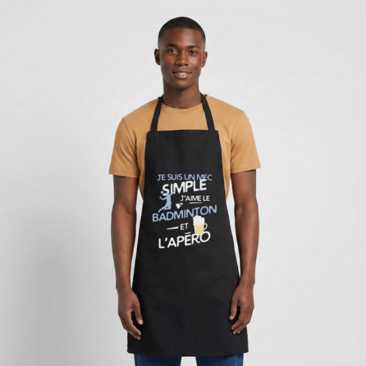 Tablier de cuisine - Un mec simple: Badminton et apéro - noir - front