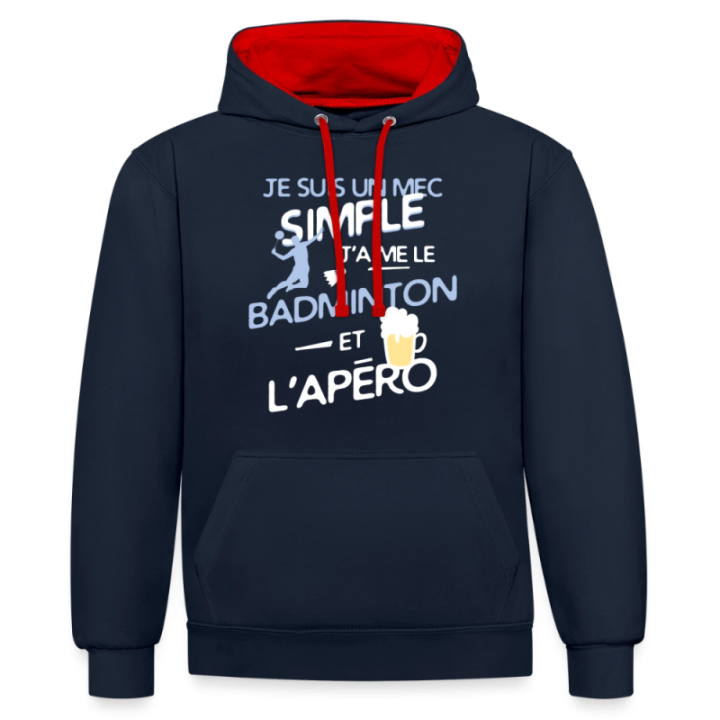 Sweat-shirt à capuche contrasté unisexe - Un mec simple: Badminton et apéro - bleu marine/rouge - front