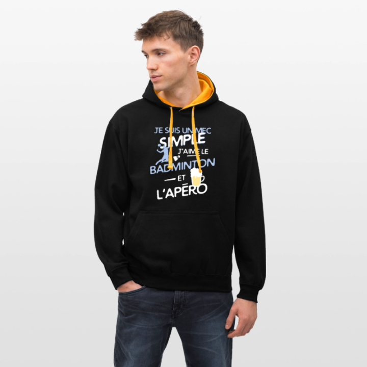 Sweat-shirt à capuche contrasté unisexe - Un mec simple: Badminton et apéro - noir/or - front