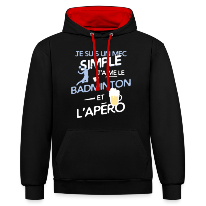 Sweat-shirt à capuche contrasté unisexe - Un mec simple: Badminton et apéro - noir/rouge - front