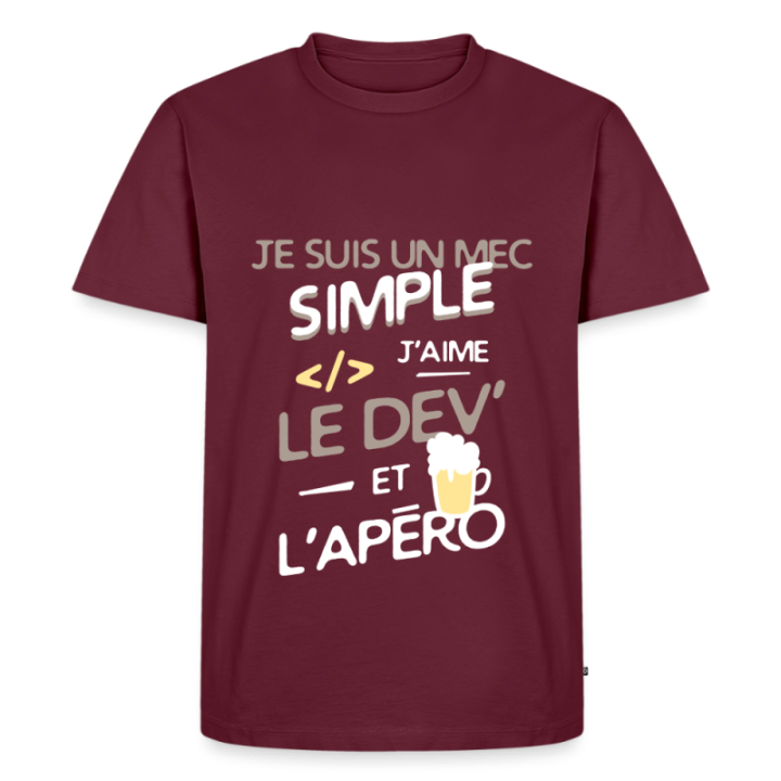 T-shirt premium homme - Un mec simple: Dev et apéro - bourgogne - front