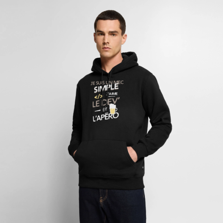 Sweat-shirt à capuche premium homme - Un mec simple: Dev et apéro - noir - front