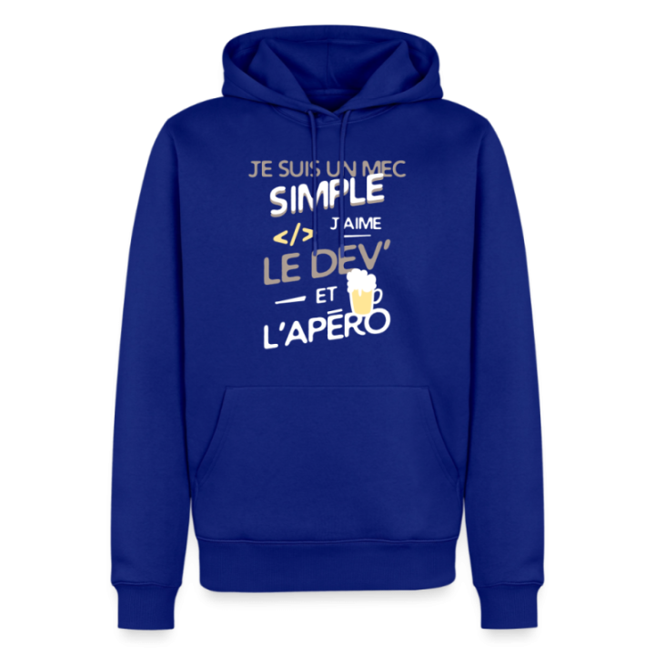 Sweat-shirt à capuche premium homme - Un mec simple: Dev et apéro - bleu roi - front