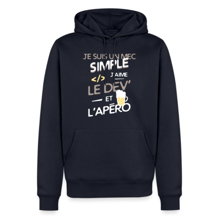 Sweat-shirt à capuche premium homme - Un mec simple: Dev et apéro - bleu marine - front