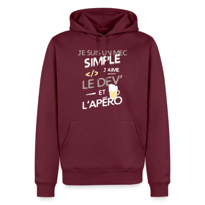 Sweat-shirt à capuche premium homme - Un mec simple: Dev et apéro - bourgogne - front