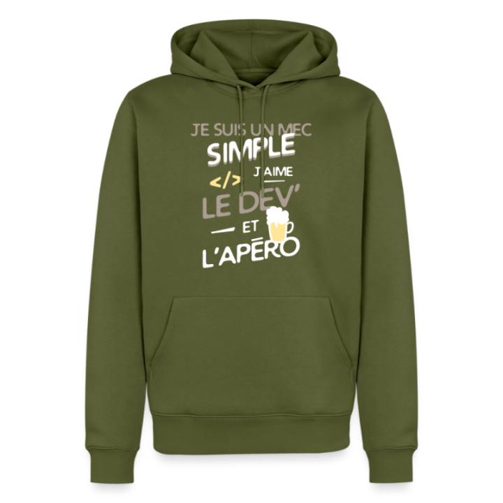 Sweat-shirt à capuche premium homme - Un mec simple: Dev et apéro - kaki - front