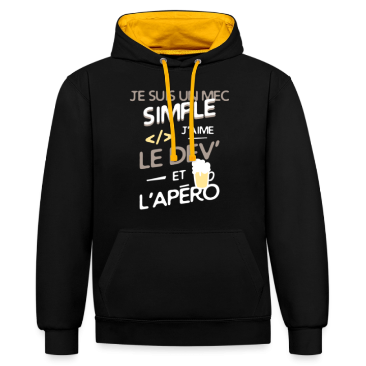 Sweat-shirt à capuche contrasté unisexe - Un mec simple: Dev et apéro - noir/or - front