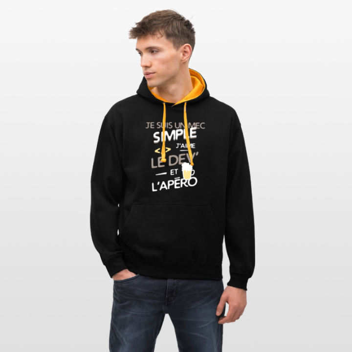 Sweat-shirt à capuche contrasté unisexe - Un mec simple: Dev et apéro - noir/or - front