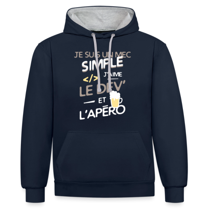Sweat-shirt à capuche contrasté unisexe - Un mec simple: Dev et apéro - bleu marine/gris chiné - front