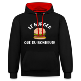 Sweat-shirt à capuche contrasté unisexe - Burger: Que du bonheur - noir/rouge - front