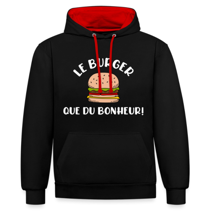 Sweat-shirt à capuche contrasté unisexe - Burger: Que du bonheur - noir/rouge - front
