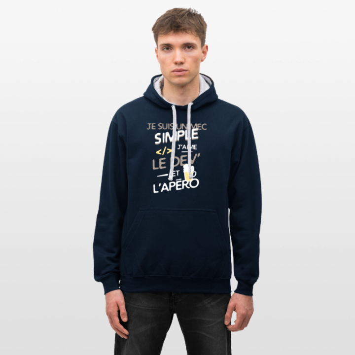 Sweat-shirt à capuche contrasté unisexe - Un mec simple: Dev et apéro - bleu marine/gris chiné - front