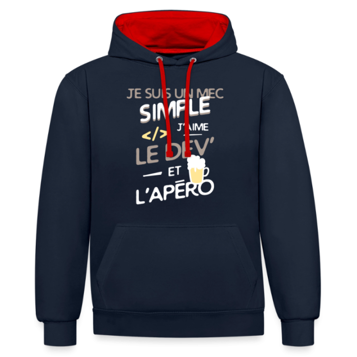 Sweat-shirt à capuche contrasté unisexe - Un mec simple: Dev et apéro - bleu marine/rouge - front