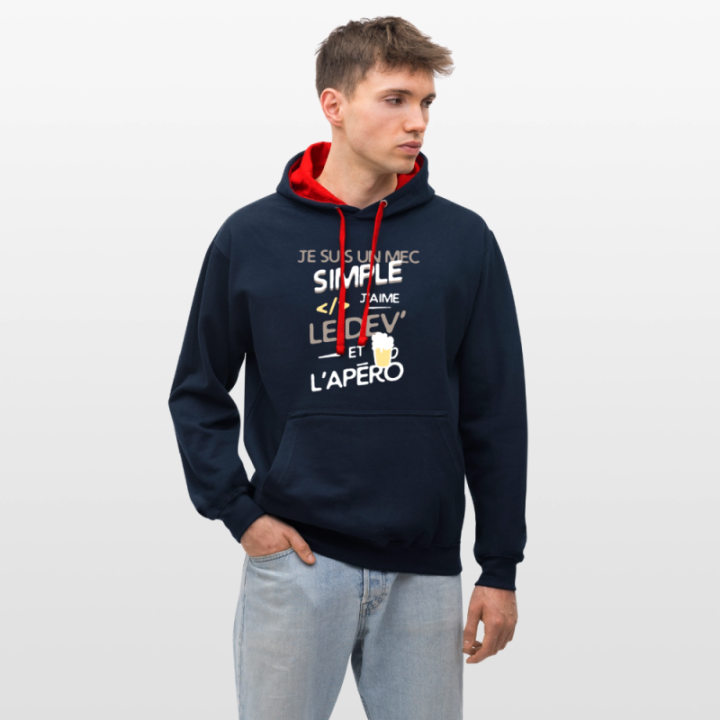 Sweat-shirt à capuche contrasté unisexe - Un mec simple: Dev et apéro - bleu marine/rouge - front