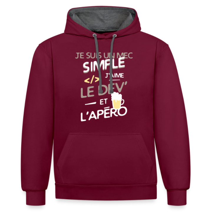 Sweat-shirt à capuche contrasté unisexe - Un mec simple: Dev et apéro - bordeaux/anthracite - front