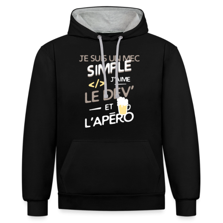 Sweat-shirt à capuche contrasté unisexe - Un mec simple: Dev et apéro - noir/gris chiné - front