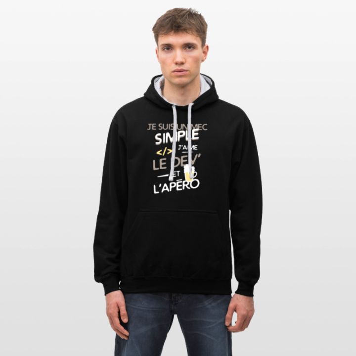 Sweat-shirt à capuche contrasté unisexe - Un mec simple: Dev et apéro - noir/gris chiné - front