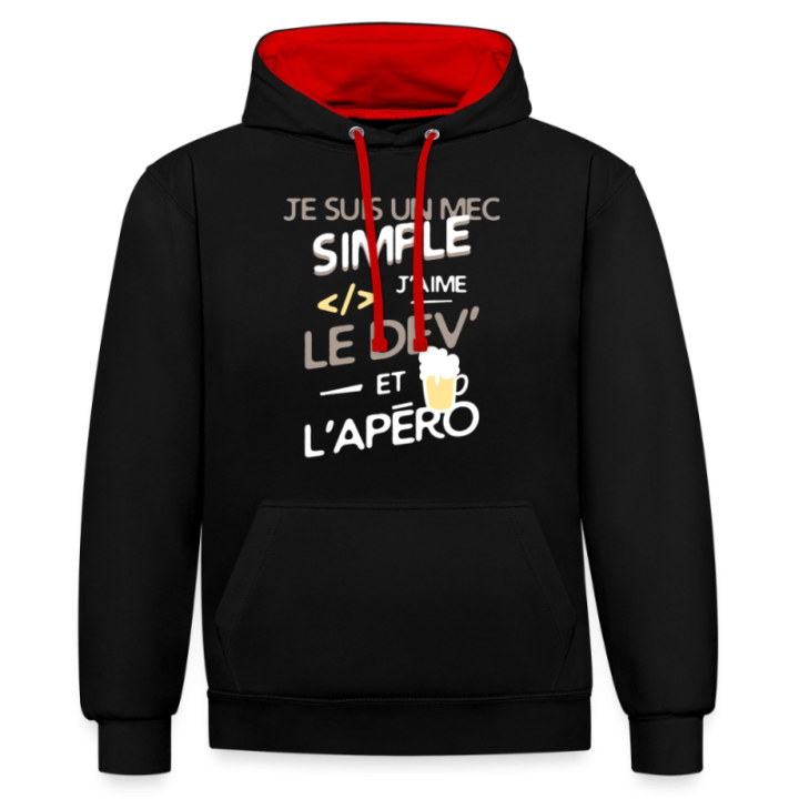 Sweat-shirt à capuche contrasté unisexe - Un mec simple: Dev et apéro - noir/rouge - front