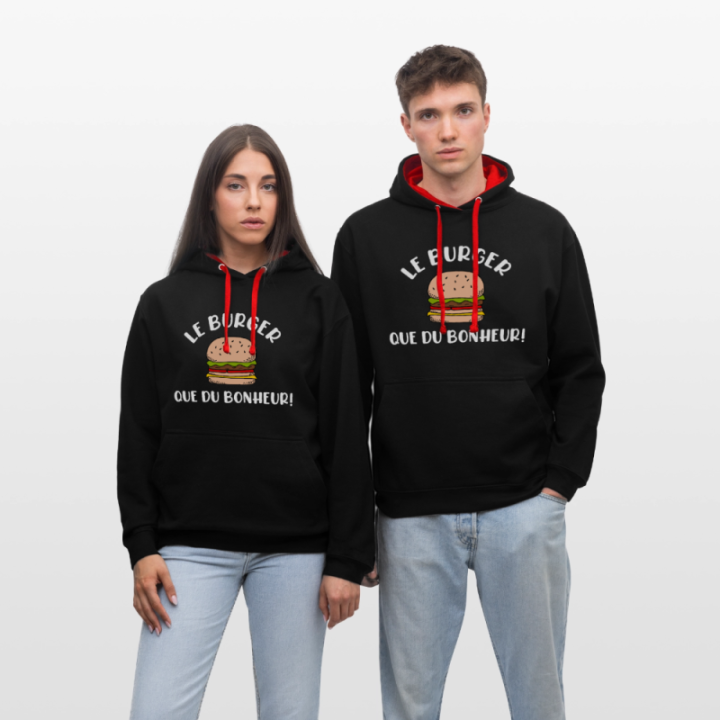 Sweat-shirt à capuche contrasté unisexe - Burger: Que du bonheur - noir/rouge - front