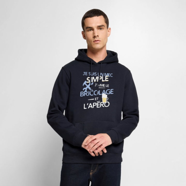 Sweat-shirt à capuche premium homme - Un mec simple: Bricolage et apéro - bleu marine - front