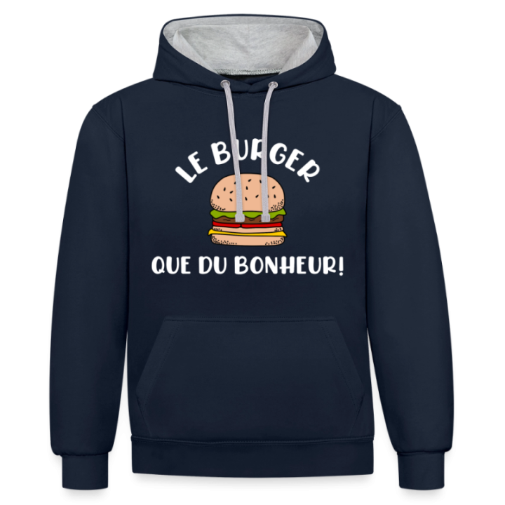 Sweat-shirt à capuche contrasté unisexe - Burger: Que du bonheur - bleu marine/gris chiné - front