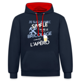 Sweat-shirt à capuche contrasté unisexe - Un mec simple: Bricolage et apéro - bleu marine/rouge - front