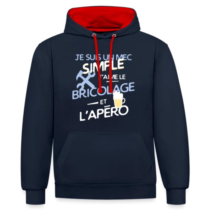 Sweat-shirt à capuche contrasté unisexe - Un mec simple: Bricolage et apéro - bleu marine/rouge - front